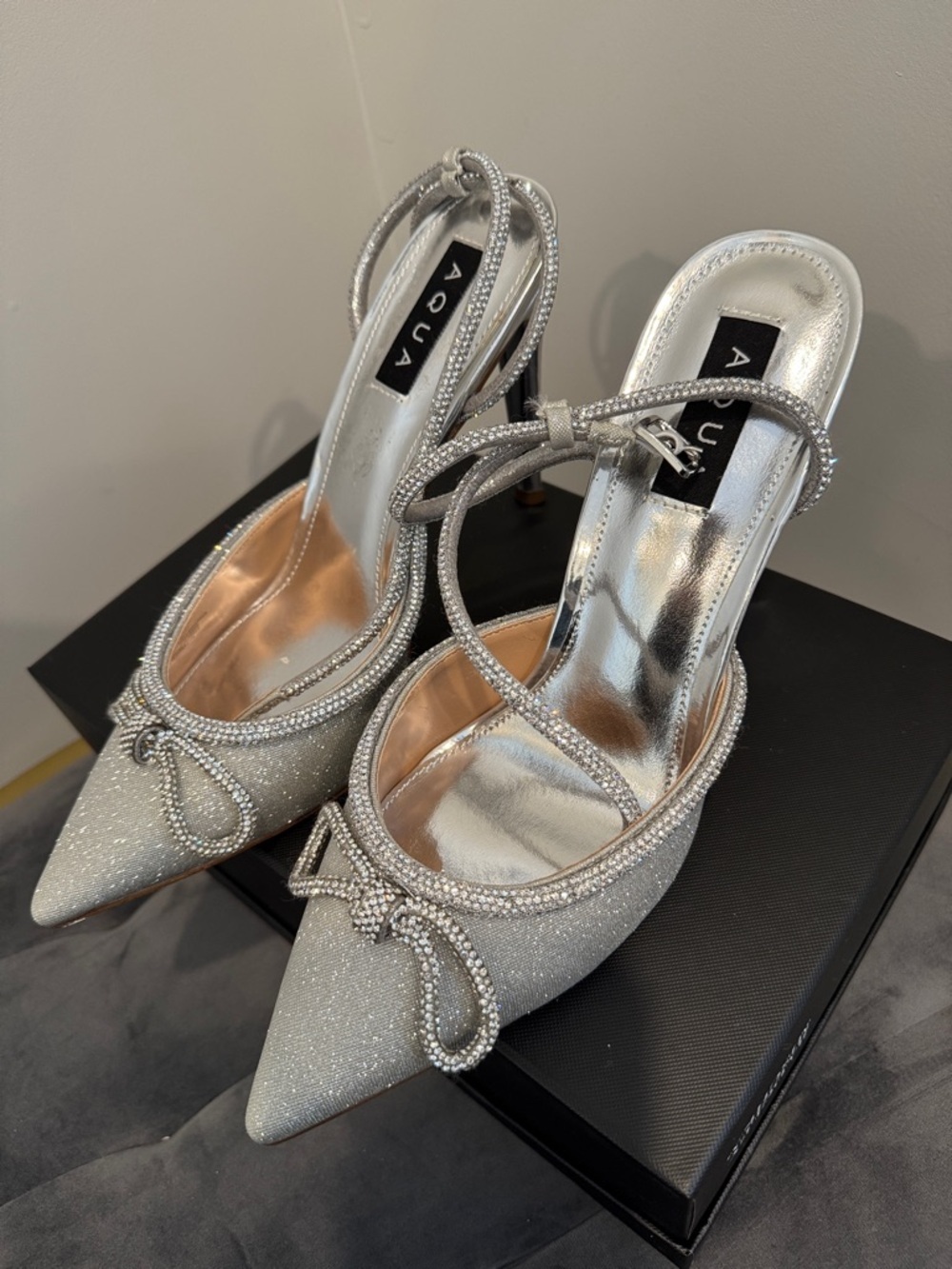 Aqua Silver Crystal Bow Pointed-Toe Ankle-Strap Stiletto Pump - Picture 5 of 9